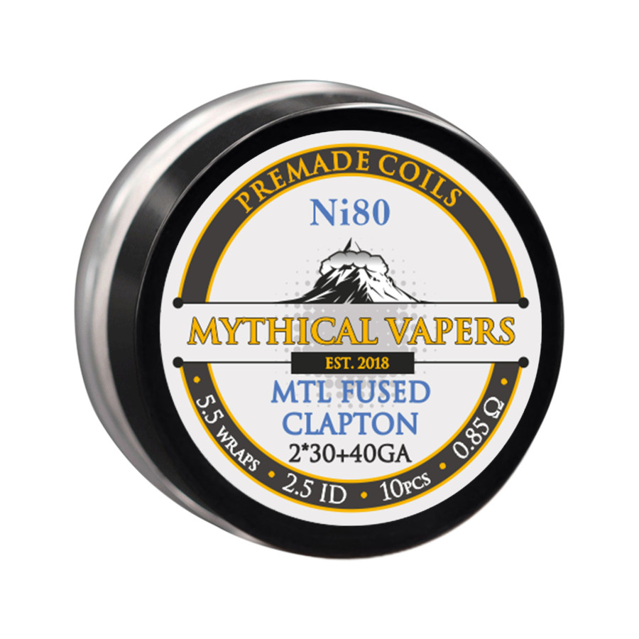 Mythical Vapers Premade Coils MTL Fused Clapton - Ni80 - 0.85ohm - 2.5mm Core - 2*30+40 GA - 10pcs